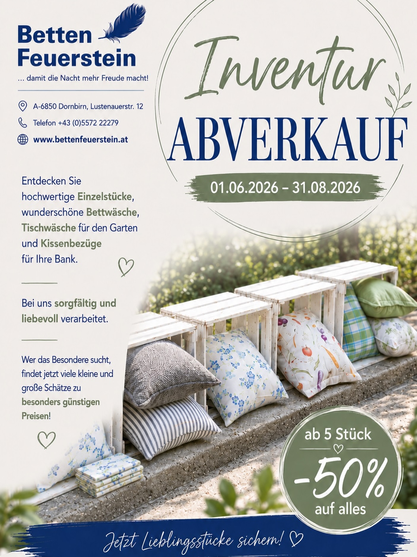 Besondere Schätze zum Entdecken ✨
Ob hochwertige Einzelstücke, wunderschöne Bettwäsche, stilvolle Tischwäsche für den Garten oder liebevoll gefertigte Kissenbezüge – bei @bettenfeuerstein finden Sie das Besondere für Ihr Zuhause.
Jetzt viele kleine und große Lieblingsstücke zu besonders attraktiven Preisen entdecken. 💛
Kommen Sie vorbei und lassen Sie sich inspirieren!